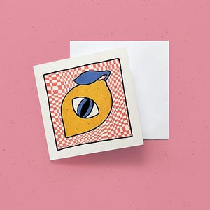 Handgetekende Kunstkaart Citroen met Oog – Dubbele Kaart van Gerecycled Papier (135x135 mm)