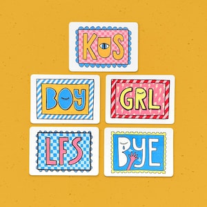 Minikarte A7 – handgezeichnete Illustration – pro Stück oder als 5er-Set – bunt & originell – Bye, Kiss, grl, boy, lfs