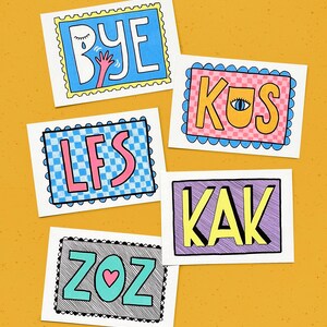 A6 kaart met 3-letter woord – handgetekende illustratie – humor & kleur – kies uit 5 designs (bye, kus, lfs, kak, zoz)