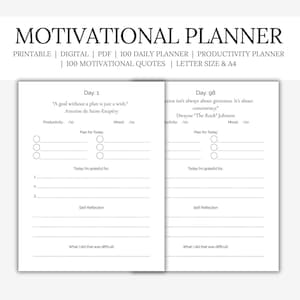 Planificador motivacional, 100 citas motivacionales, diario, planificador de objetivos de vida, imprimible, minimalista, tamaño A4/carta, descarga instantánea