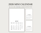 2026 Mini Calendar, 2026 Monthly Calendar, 4x6, 5x7, Sun & Monday Start, PDF Printable, Portrait