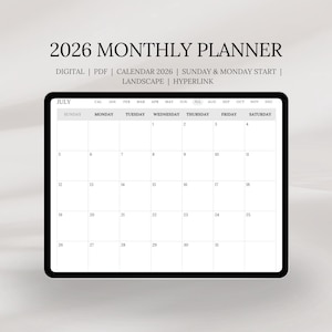 2026 Digital Planner: Minimalist Monthly Calendar for Goodnotes (PDF Download, Sun & Mon Start Options)