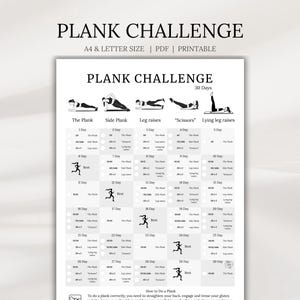 Może przedstawiać: Czarno-biały, drukowany wykres fitness zatytułowany "PLANK CHALLENGE" z tekstem "A4 & LETTER SIZE | PDF | PRINTABLE". Wykres przedstawia 30-dniową rutynę ćwiczeń plank, w tym warianty takie jak plank boczny i podnoszenie nóg.