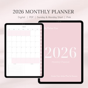 2026 Digital Monthly Planner: Pink Template, Sun & Mon Start (PDF Download)