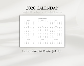 Jaarkalender 2026: jaar in één oogopslag, A4-formaat en poster (24 x 18 inch) (pdf-download)