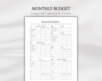 May include: A black and white printable monthly budget planner. The document is divided into sections for housing, transport, food, savings, debt, and personal spending. The text "MONTHLY BUDGET" is at the top, with options for Letter size and A4.