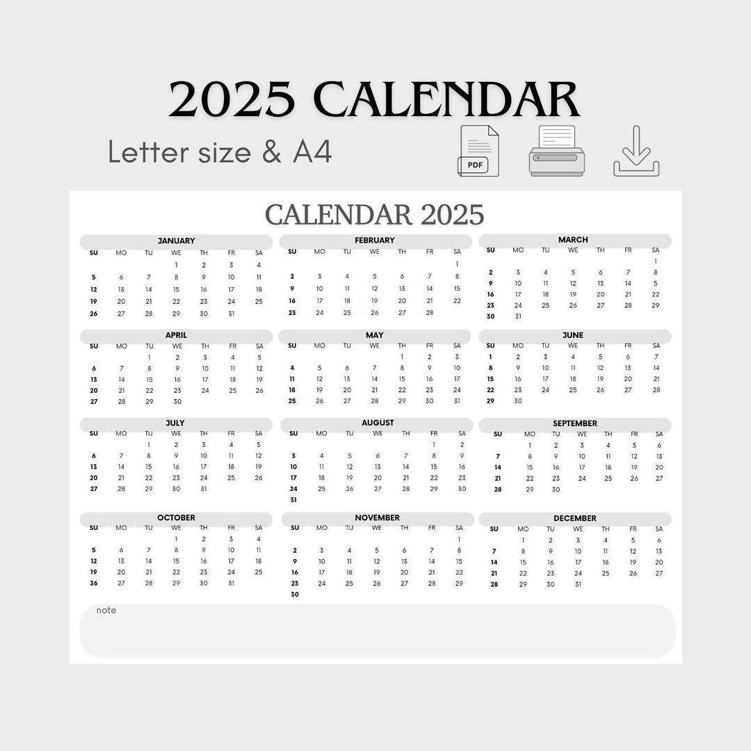 2025 Calendar 2025 Year Calendar Full Year Calendar Monthly Calendar