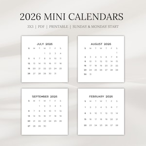 Puede incluir: Cuatro mini calendarios para 2026, cada uno mostrando un mes diferente: julio, agosto, septiembre y febrero. Los calendarios son 3x3 e imprimibles, con inicio en domingo y lunes. El texto "2026 MINI CALENDARS" está en la parte superior.
