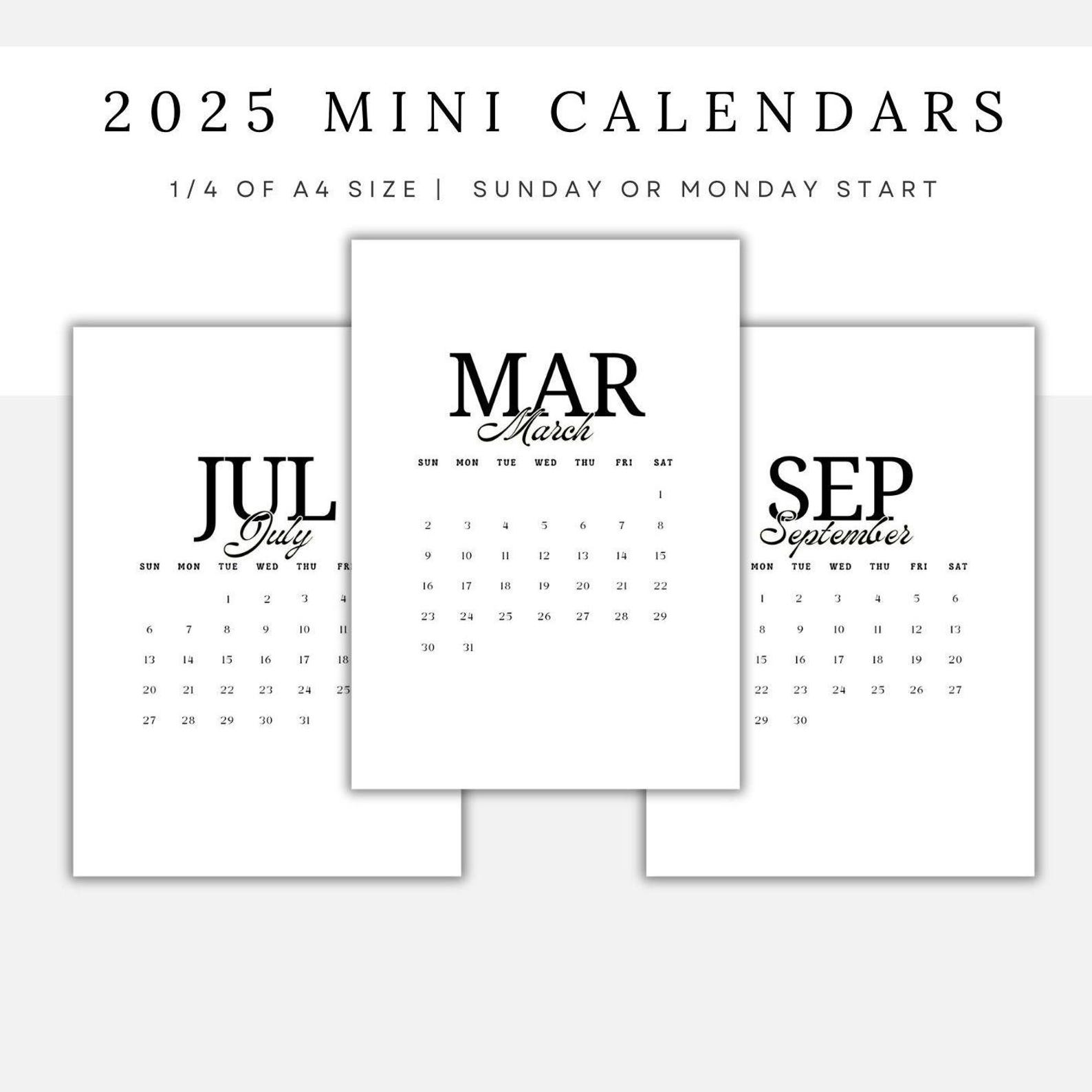 2025 Mini Calendar 1/4 of A4 Size, 2025 Small Calendar