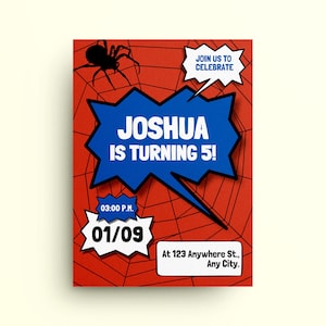編集可能なスパイダーマンの誕生日パーティーの招待状テンプレート、印刷可能な誕生日パーティーの招待状、スパイダーマン カード、デジタルキッズ招待状