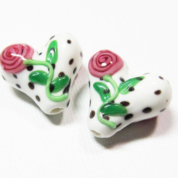 LOOSE BEADS - Lampwork Glass Art Beads - White, Black, Pink, and Green Rose Hearts (2 beads) - gla910
