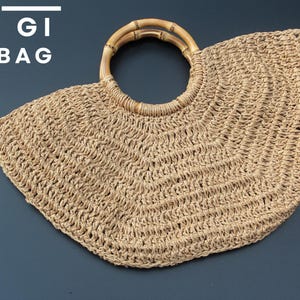 GOGI Natural Raffia Handbag with Bamboo Handles / Boho Summer Bag / Woven Straw Purse / Eco-Friendly Beach Bag / Handmade GOGI Bag / Crochet