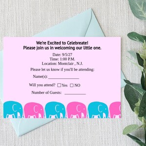 Tweeling roze en blauwe RSVP-kaart, bewerkbare sjabloon babyshower olifanten, afdrukbaar, reserveringskaarten pasgeboren aankomst feestgast, digitale download