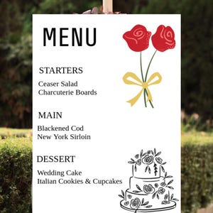 Hochzeits-Rosen-Menü-Schild, druckbare digitale Beschilderung, bearbeitbare Bandkuchenvorlage, digitaler Download, elegante Full-Catering-Dekor-Schilder
