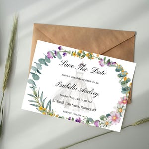 Carte de mariée colorée Save The Date, modèle de douche nuptiale bague florale, cartes de future mariée modifiables, imprimables, robe de mariée en téléchargement numérique
