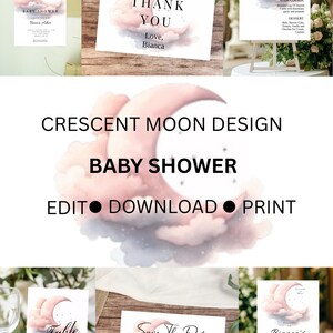 Bundel maan en sterren babyshower printables, bewerkbare lichtroze sjablonen, digitale downloads, DIY-bedankkaart, aanpasbare evenementborden
