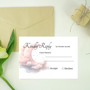 Biglietto RSVP per baby shower "Moon & Stars", rosa chiaro, modificabile, biglietti di risposta gentilmente concessi, tema distanziato, download digitali, modello stampabile per bambine