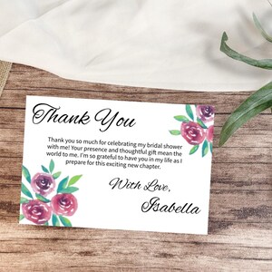 Tarjeta de agradecimiento para despedida de soltera con ramo, plantilla editable para novia agradecida, tarjetas imprimibles, flores moradas y granates, descarga digital