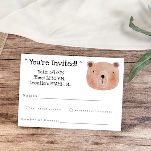 Carte d'invitation de shower de bébé ours, modèle de cartes RSVP modifiable, premier anniversaire des enfants à imprimer, téléchargement numérique