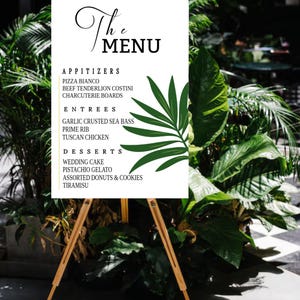 Letrero elegante para menú de boda, plantilla editable para recepción, escritura de guiones, comida para celebraciones, descarga digital, imprimible para fiestas y eventos.