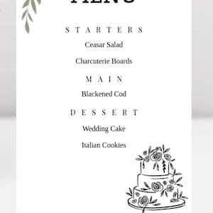 Vine Cake Hochzeitsmenü-Schild, bearbeitbares Event-Catering-Signage, digitaler Download, druckbare Vorlage für Abendessen & Desserts, Veranstaltungsort-Partydekor