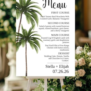 Palmen-Menü-Hochzeitsvorlage, bearbeitbares Party-Catering-Schild, druckbares Tropisches Dekor, Event-Mahlzeitskurse, Beschilderung, Sofort-Download