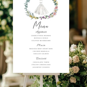 Bunter Blumenring Brautdusche-Menü, essbare druckbare, Hochzeitskleid-Catering-Schildvorlage, Vorspeisen-Dinner-Dessert, digitaler Download