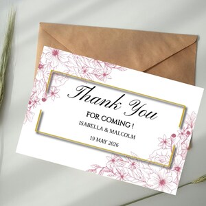 Tarjeta de agradecimiento elegante para boda, plantilla de agradecimiento con borde floral, descarga instantánea de flores para novios, imprimible editable en rosa dorado.