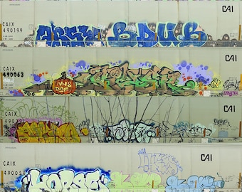 Six Stacked Train Grain Cars With Graffiti.  Moniker, train art, train graffiti, ride the rails.