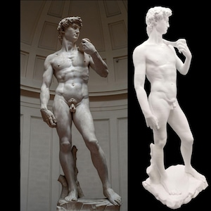 May include: A white marble statue of a nude male figure standing with one hand on his hip and the other hand raised near his face. The statue is a replica of the famous David sculpture by Michelangelo.