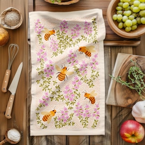 Thyme Blossoms and Bees Tea Towel: Cottagecore Herb Kitchen Decor
