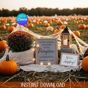May include: A fall-themed photo featuring a pumpkin patch with pumpkins, a sign that reads "We're adding another little pumpkin to our patch Summer 2026", and a sign that reads "We're Adopting!" A lantern and a floral arrangement are also present.