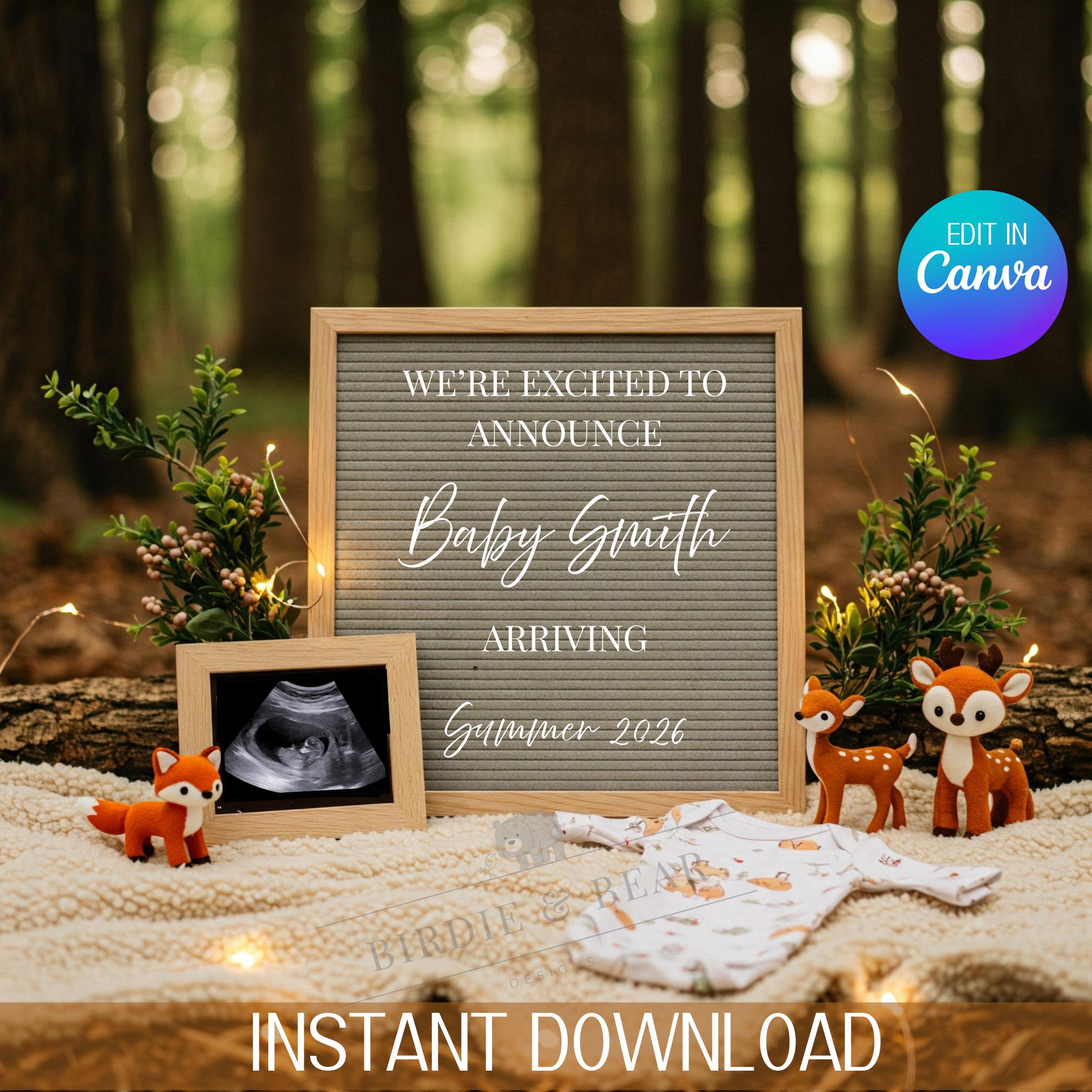 Woodland Pregnancy Announcement, Woodland Animal Baby Reveal, Woodland Theme Reveal, Gender Neutral, Its a Boy, Its a Girl, Pregnancy Reveal