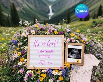 Its a Girl Pregnancy Announcement, Pregnancy Announcement, Its a Girl, Baby Girl Pregnancy, Mountains, Outdoor, We're Expecting, Baby Girl