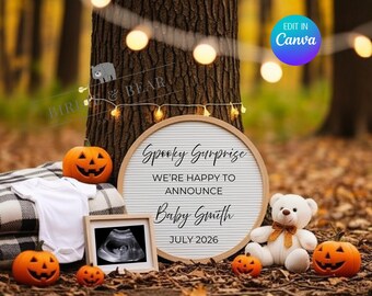May include: A Halloween-themed pregnancy announcement with a round letter board that reads "Spooky Surprise." The announcement includes a sonogram, a white onesie, and carved pumpkins. A teddy bear and string lights are also featured.