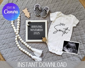 May include: A white onesie with the text "Baby Smith" in black script. A letter board with the text "Arriving November 2025" is in the background. A white beaded garland with tassels is on the left side of the image. A black and white ultrasound image is in the bottom right corner.