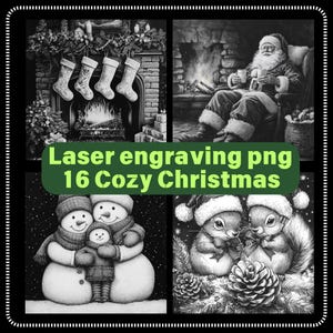 16 fichiers de gravure laser PNG Noël douillets pour sous-bocks en ardoise 4 x 4 po.