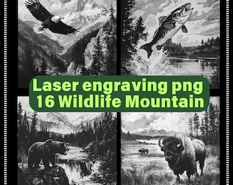 16 Wildlife Mountain Art PNG Bundle Laser Engraving Files for Slate or Wood