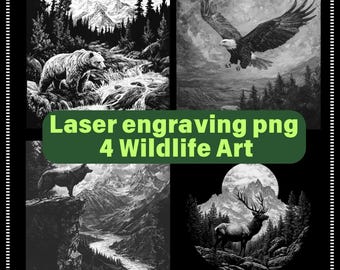 4 Mountain Wildlife Art PNG Laser Engraving Files for Slate or Wood