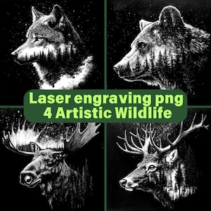 4 Wildlife Art PNG Laser Engraving Files for Slate or Wood - Bear - Elk - Wolf - Moose