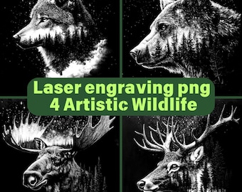 4 Wildlife Art PNG Laser Engraving Files for Slate or Wood - Bear - Elk - Wolf - Moose