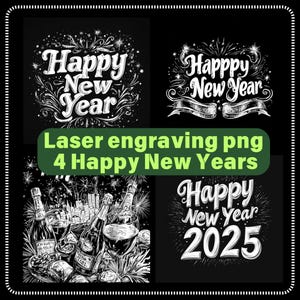 4 file di incisione laser PNG di Happy New Year per ardesia o legno