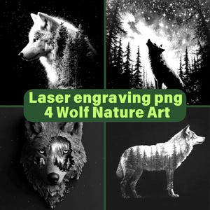 4 Wolf Nature Art PNG Laser Engraving Files for Slate or Wood