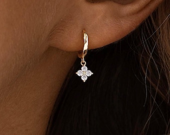 Minimalist Dangle Flower Earrings, Diamond Flower Drop Hoop Earrings, Gold Crystal Huggie Hoop Earrings, Bridal Gift, Christmas Gift for Her