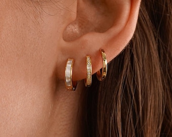 Dainty Huggie Hoop Earrings Set, Gold & Silver Minimalist Stackable Hoops, Mother of Pearl Inlay Earrings, Mothers Day Gift, Gift for Her