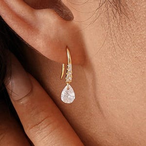 Diamond Drop Hook Earrings, Dainty Tear Drop Crystal Gold Earrings, Sterling Silver Earring Hooks, Engagement Gifts For Her, Christmas Gifts