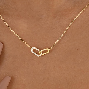 14Kゴールドペーパークリップチェーンネックレス、ミニマリストスターリングシルバーインターリンクネックレス、女性用クロスオーバーゴールドネックレス、彼女へのクリスマスプレゼント