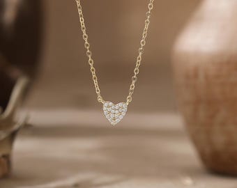 Minimalistische effenen hartketting, sterlingzilveren diamanten harthangerketting, alledaagse kleine gouden hartketting, moederketting, huwelijkscadeau