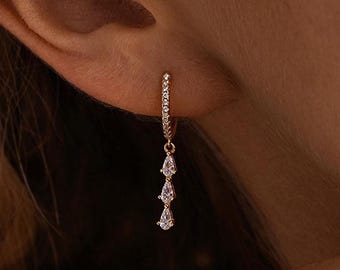 Dainty Diamond Drop Hoop Earrings, Gold Dangling Triple Diamond Pave Earrings, Crystal Dangle Drop Earrings, Bridesmaids Gift, Wedding Gift