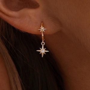Pendientes de aro con forma de estrella de diamantes, delicados pendientes con dije de estrella, elegantes pendientes de oro para mujer, regalo para tu mejor amiga, regalo de Navidad.